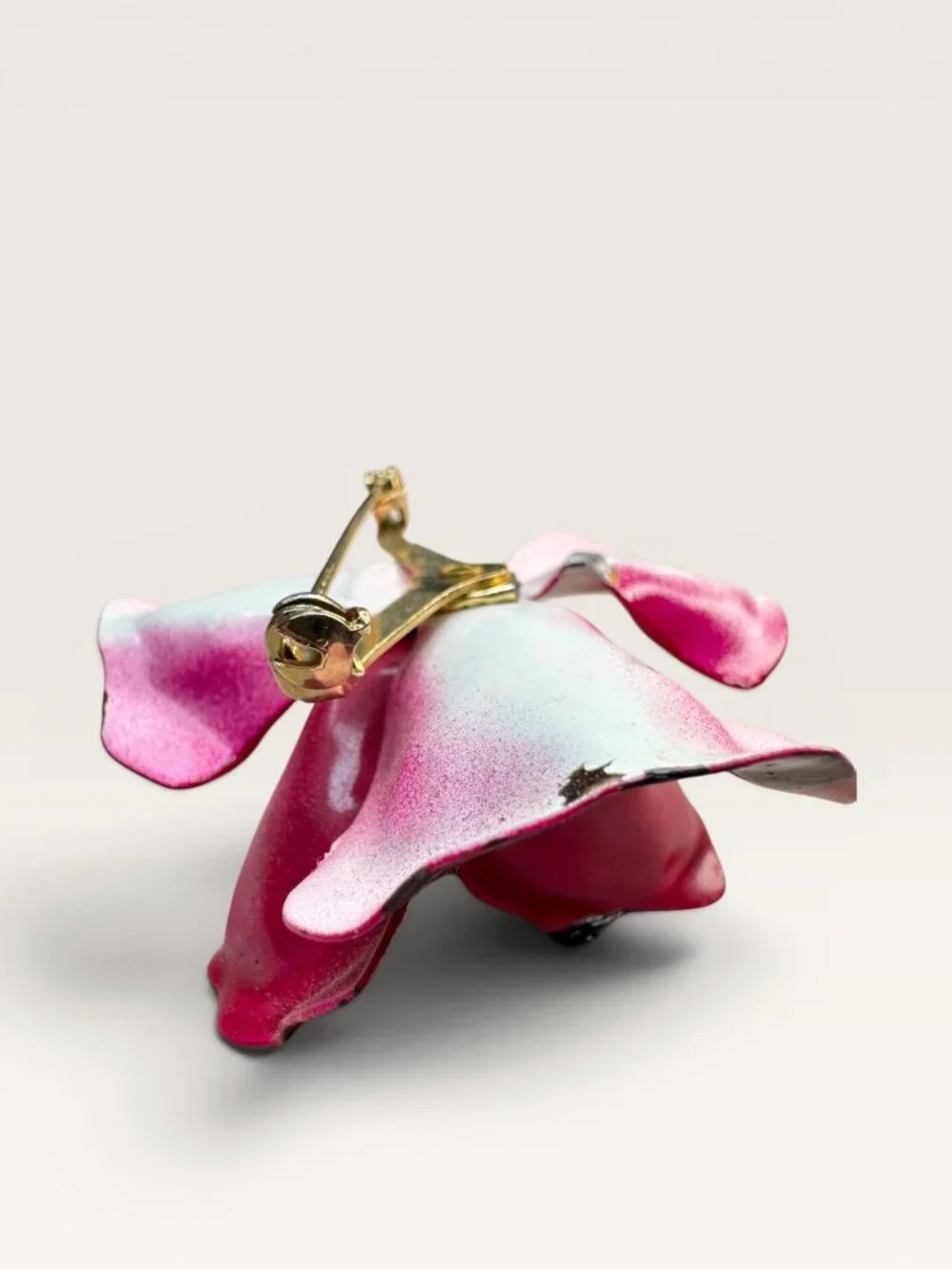 1970s Fuchsia Pink Enamel Flower Brooch Layered Floral Faux Pearl Vintage